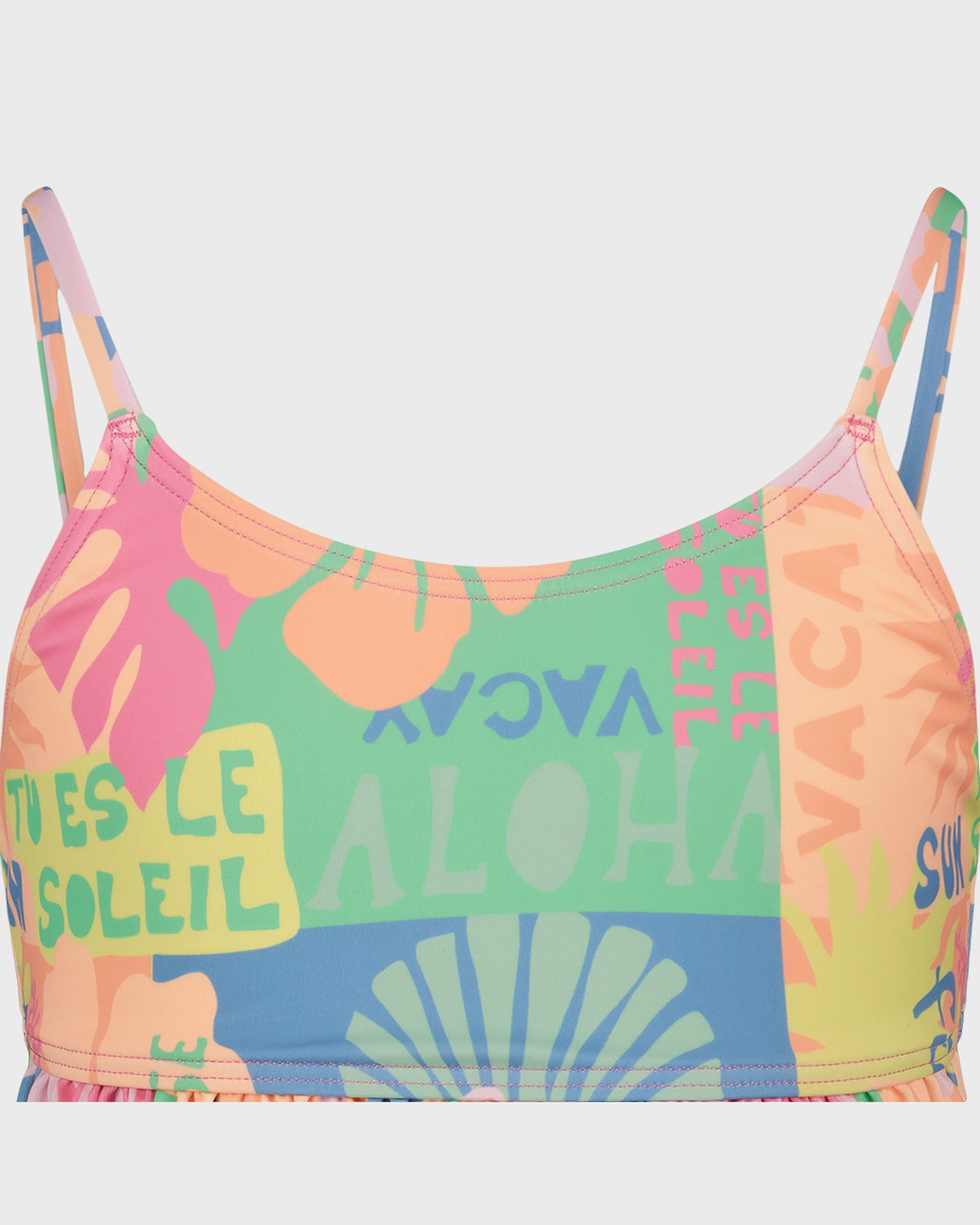 Colorful tropical-themed top with text on a white background