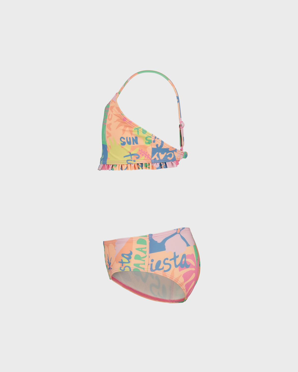 Colorful bikini set with floral pattern on a white background