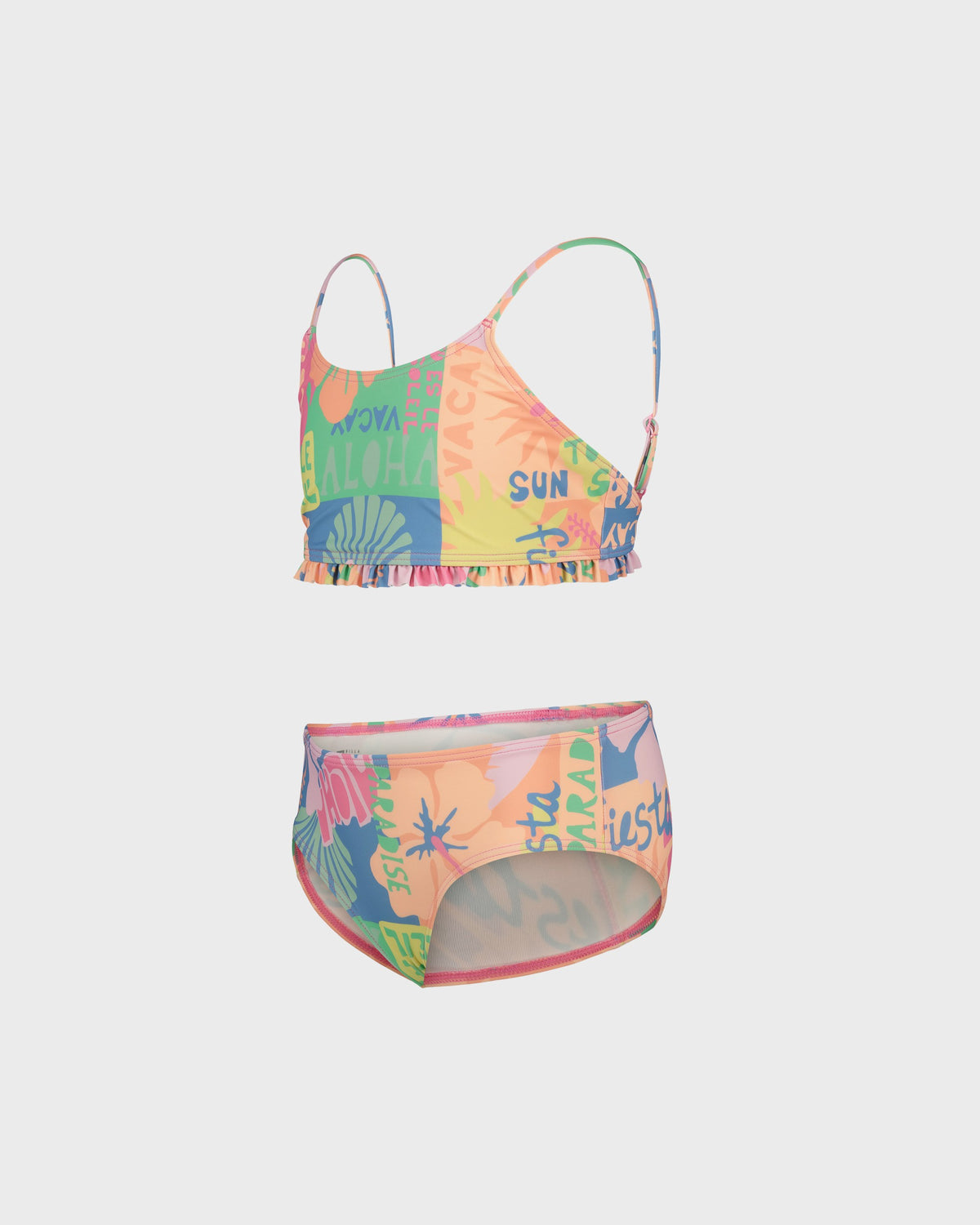 Colorful bikini set with tropical patterns on a light gray background