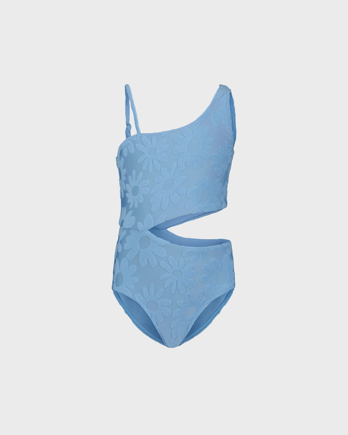Blue swimsuit with floral pattern on a light gray background
