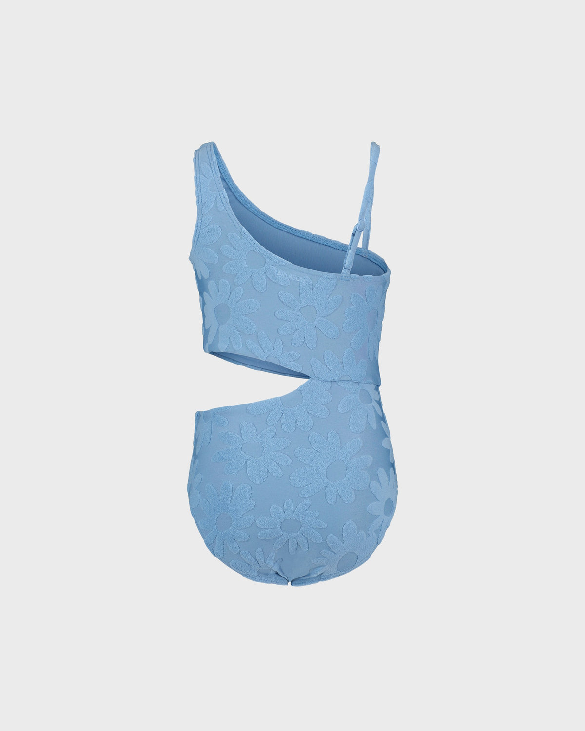 Blue swimsuit with a one-shoulder design on a light gray background