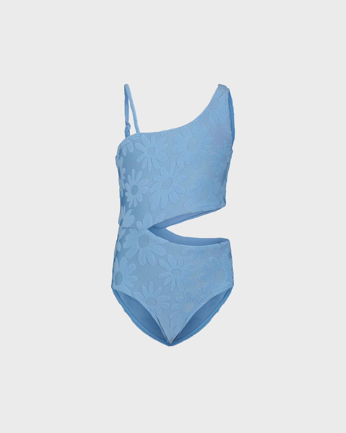 Blue swimsuit with floral pattern on a light gray background