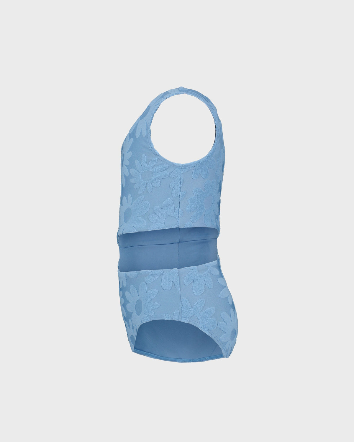 Blue swimsuit with floral pattern on a light gray background