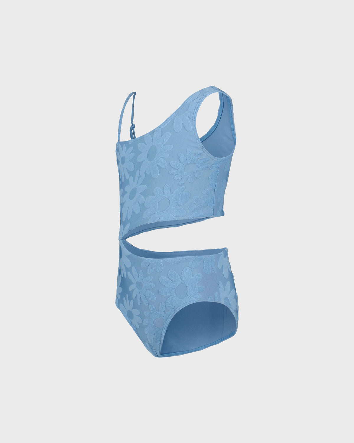 Blue swimsuit with cut-out design on a light gray background