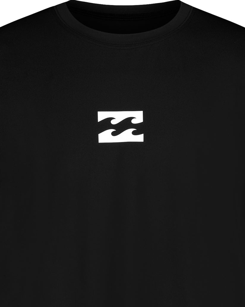 Black short sleeve shirt with white wave logo centered on chest.