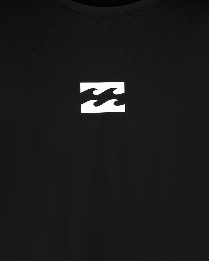 Black short sleeve shirt with white wave logo on chest.