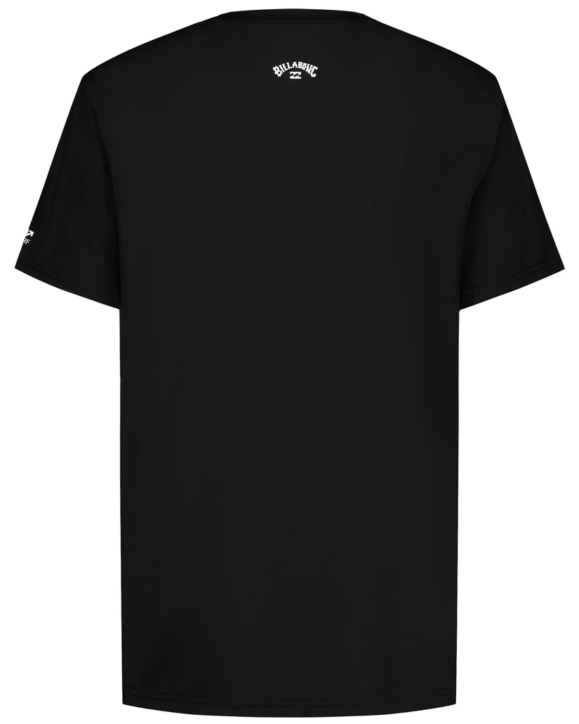 Black short-sleeve surfshirt with Billabong branding on back neck and small logo on sleeve.