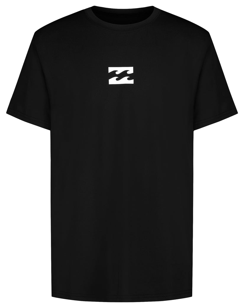 Black short sleeve surfshirt with small white wave logo on chest.