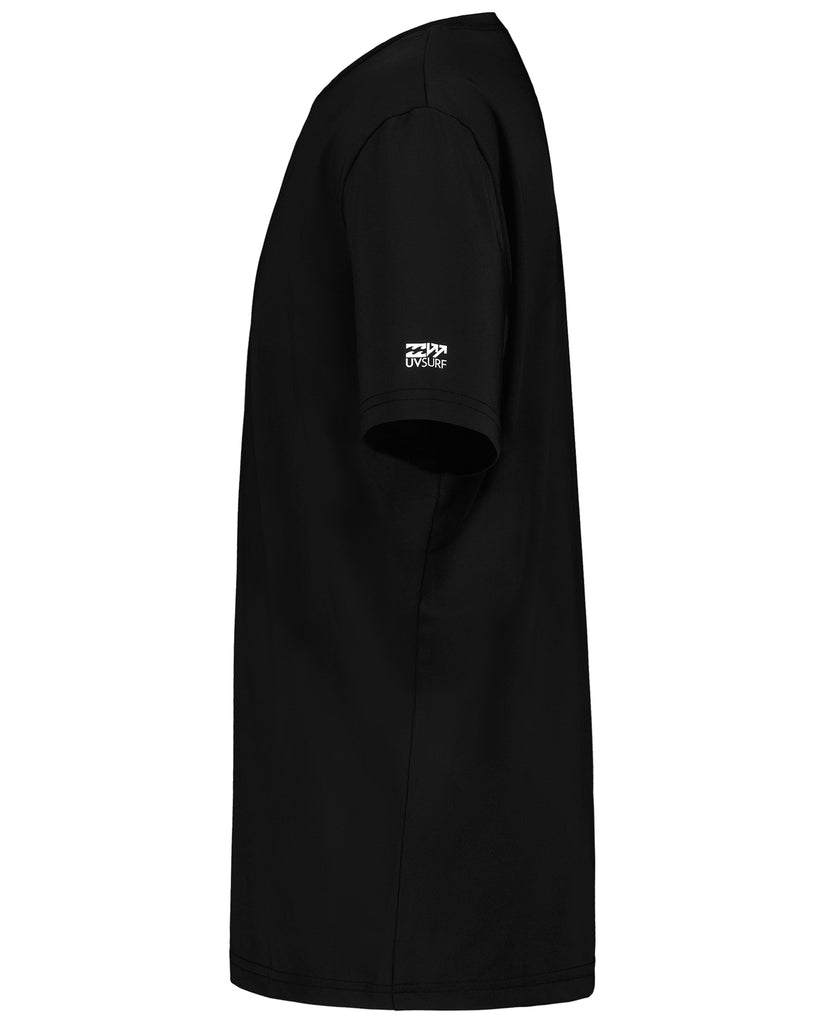 Black short sleeve surfshirt with small white logo on chest.