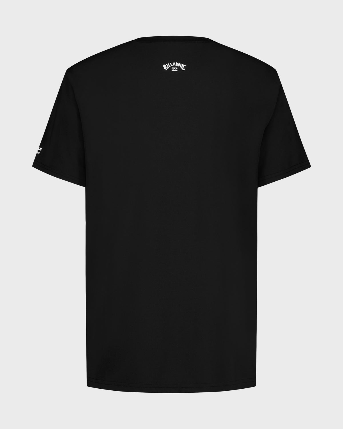 Black short-sleeve surfshirt with Billabong logo on chest and small logo on sleeve.