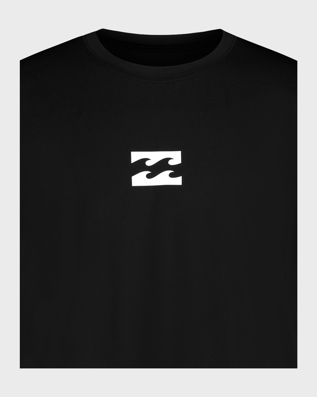 Black short-sleeve surfshirt with white wave logo centered on chest.