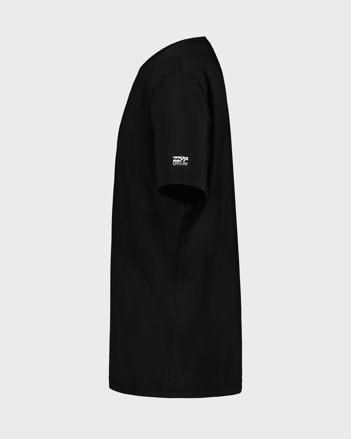 Black short sleeve surfshirt with small white logo on chest.