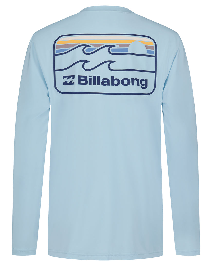 Light blue long sleeve surfshirt with Billabong wave logo and text graphic on back.