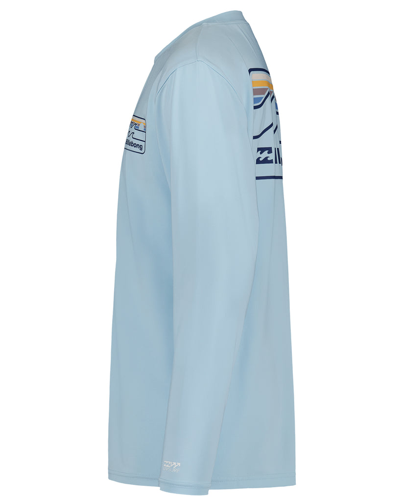 Light blue long sleeve surfshirt with striped sleeve bands and brand logo on chest and sleeves.