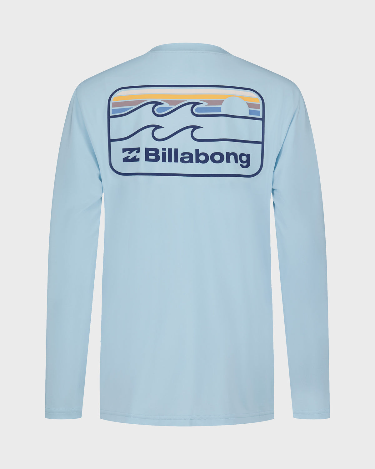 Light blue long sleeve surfshirt with Billabong wave logo and text graphic on back.