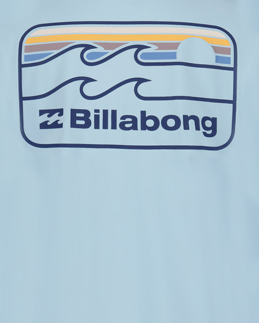 Light blue long sleeve surfshirt with Billabong logo and wave graphic design on chest.