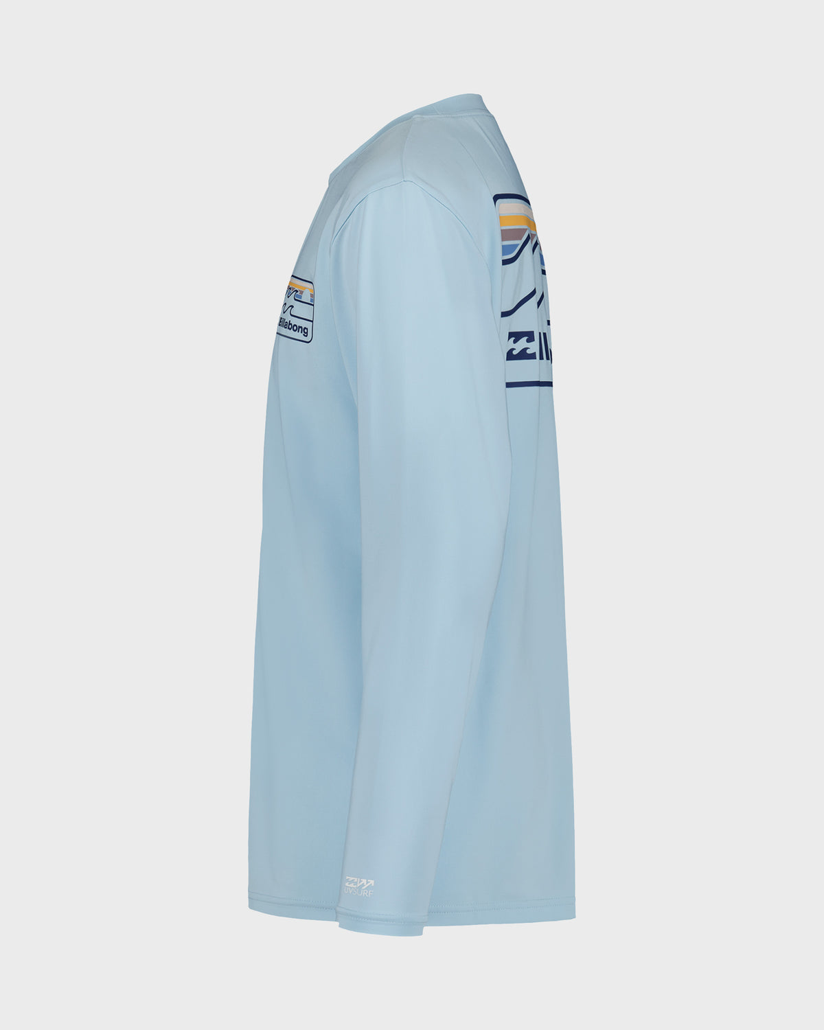 Light blue long sleeve surfshirt with navy and orange striped sleeve bands and logo graphics.