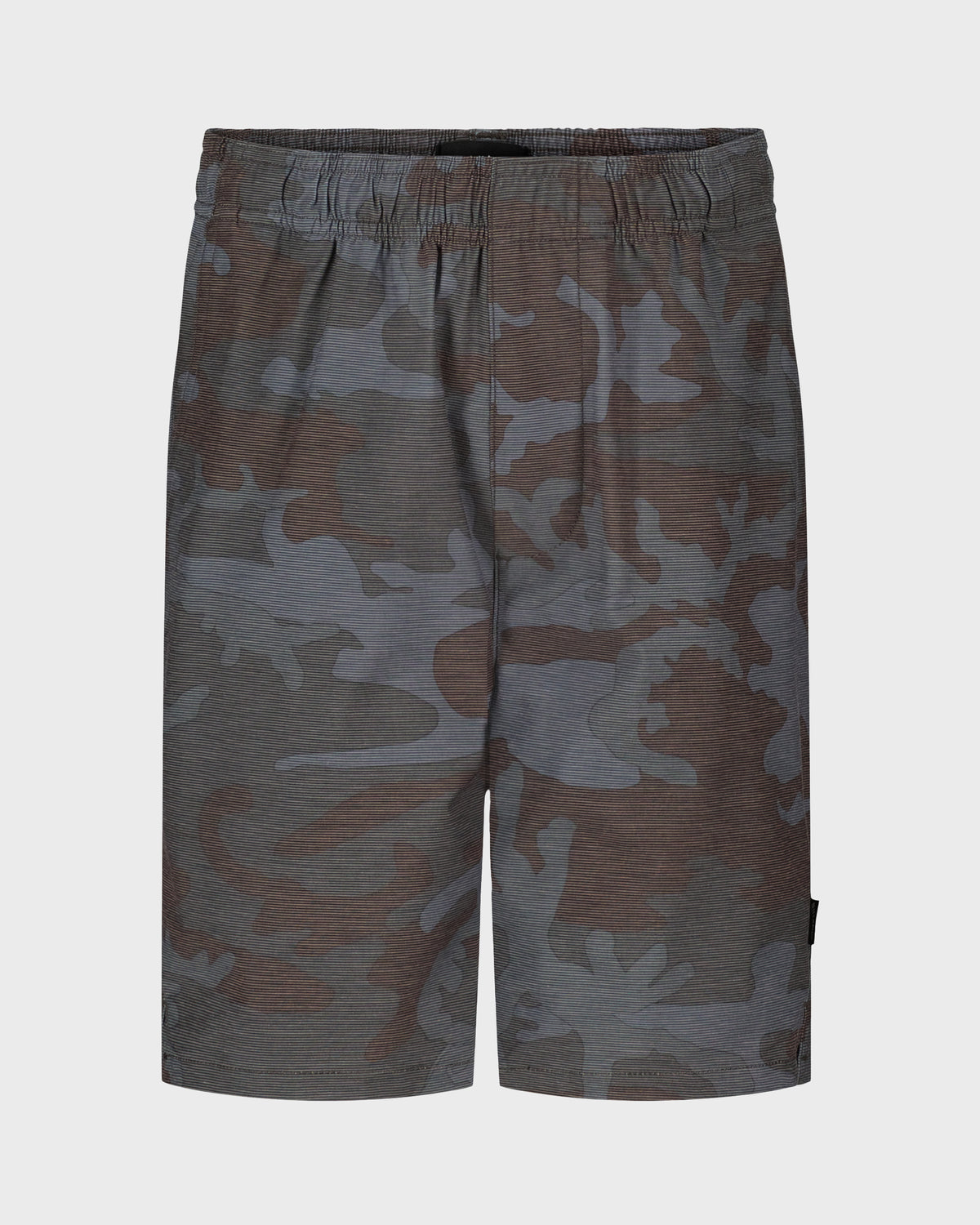 Boys' shorts in brown and gray camouflage pattern with elastic waistband and textured fabric.