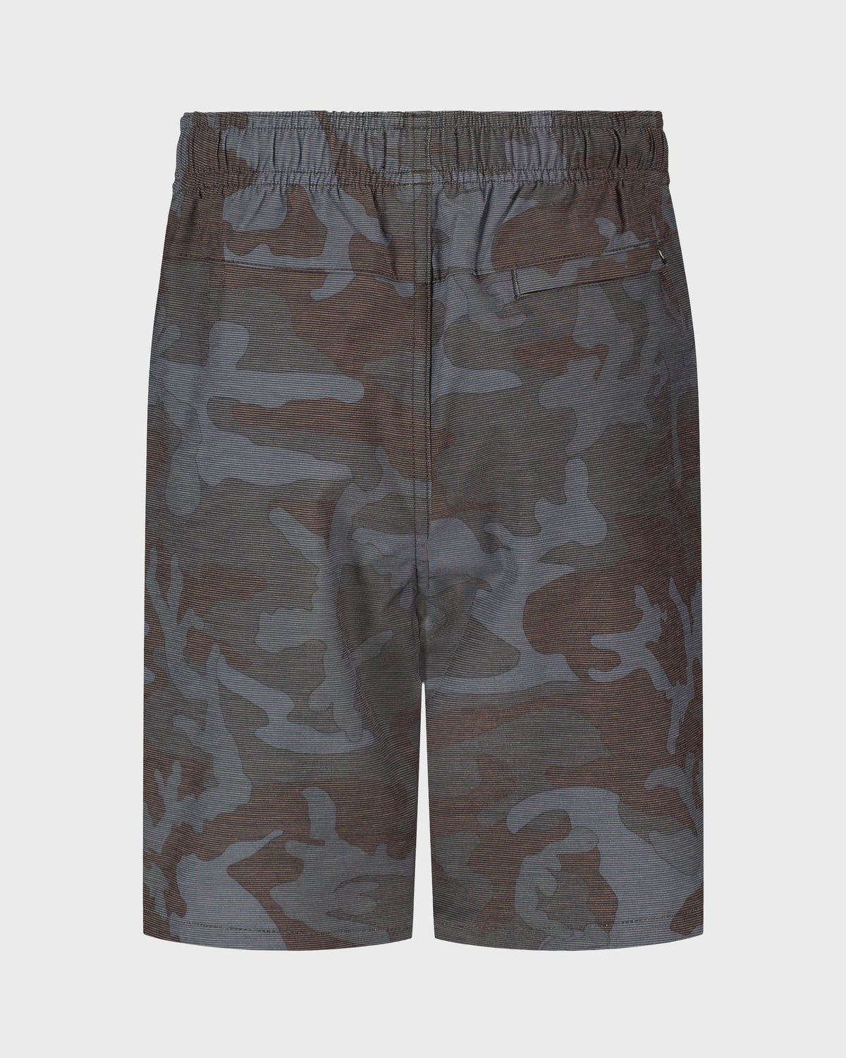 Boys' hybrid shorts in gray and brown camouflage pattern with elastic waistband, shown from back view.