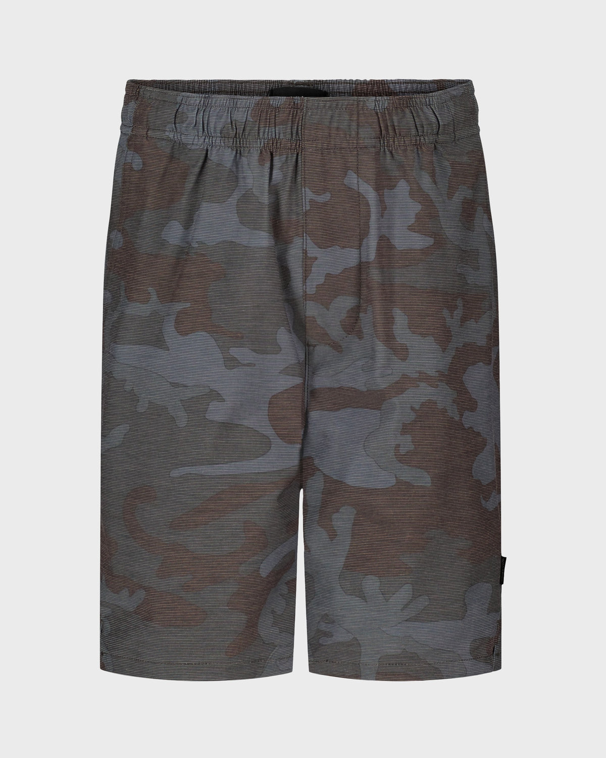 Boys' hybrid shorts in brown and gray camouflage pattern with elastic waistband.