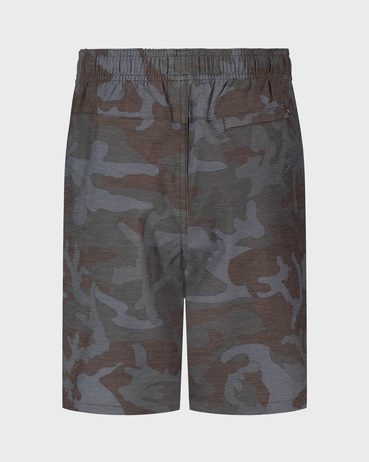 Boys' hybrid shorts in gray and brown camouflage pattern with elastic waistband, shown from back view.