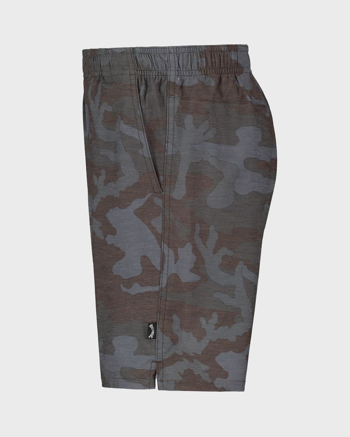 Boys' hybrid shorts with gray and brown camouflage pattern and elastic waistband.