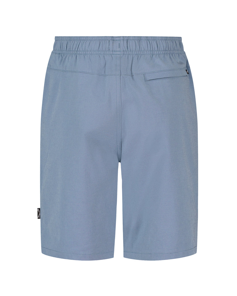 Blue hybrid shorts with elastic waistband and back pocket detail for boys.