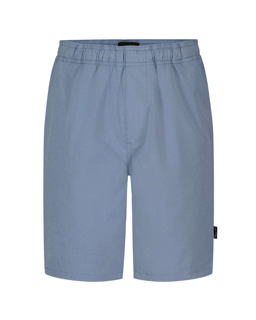 Boys' blue hybrid shorts with elastic waistband and center seam detail.