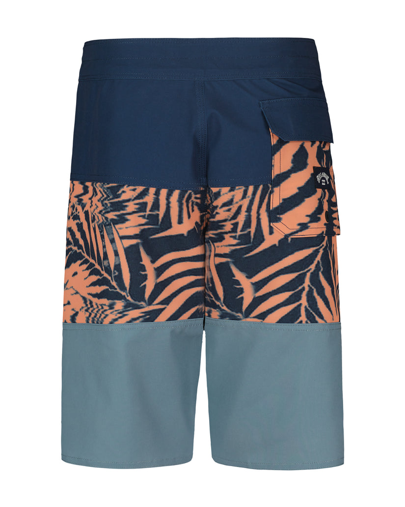 Navy, orange palm-print, and blue colorblock boardshorts with cargo pocket detail.