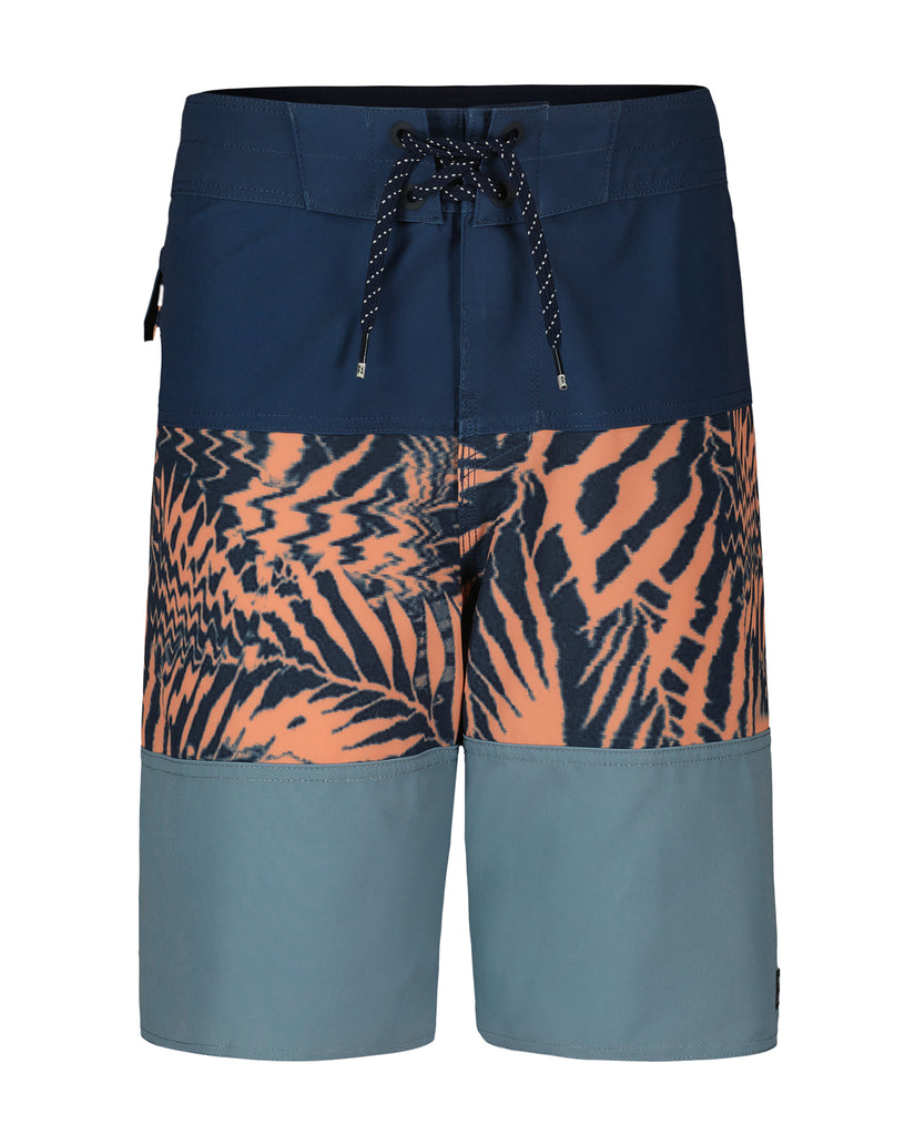 Navy, orange, and blue color-block boardshorts with leaf print and drawstring waist.