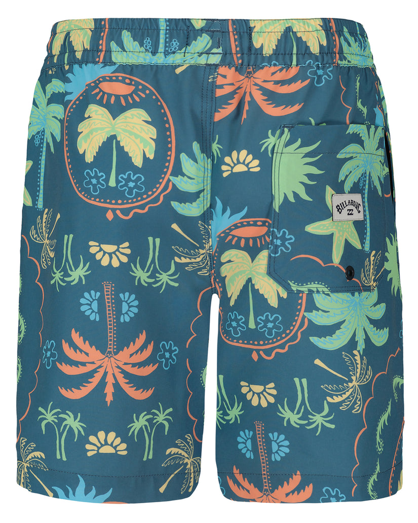 Boys' swim trunks with dark teal background featuring palm trees, flowers, and sun motifs in orange, yellow, and green.