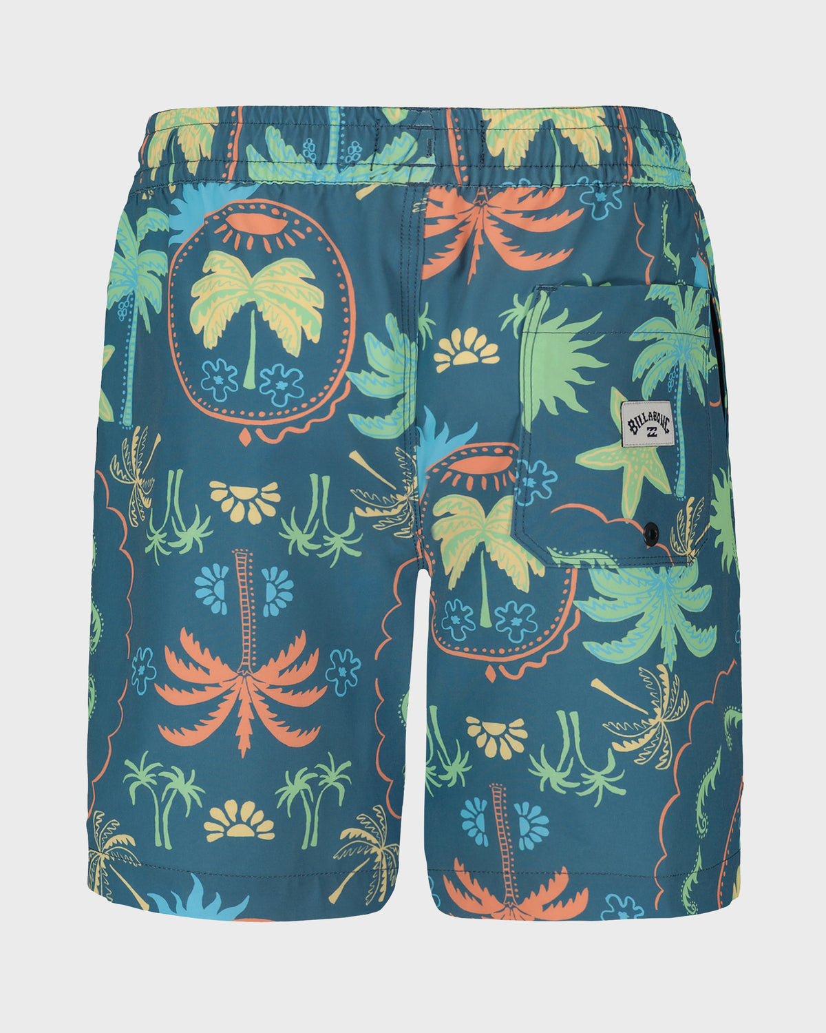 Boys swim trunks with tropical botanical print in teal, yellow, orange and green featuring palm trees and decorative floral m