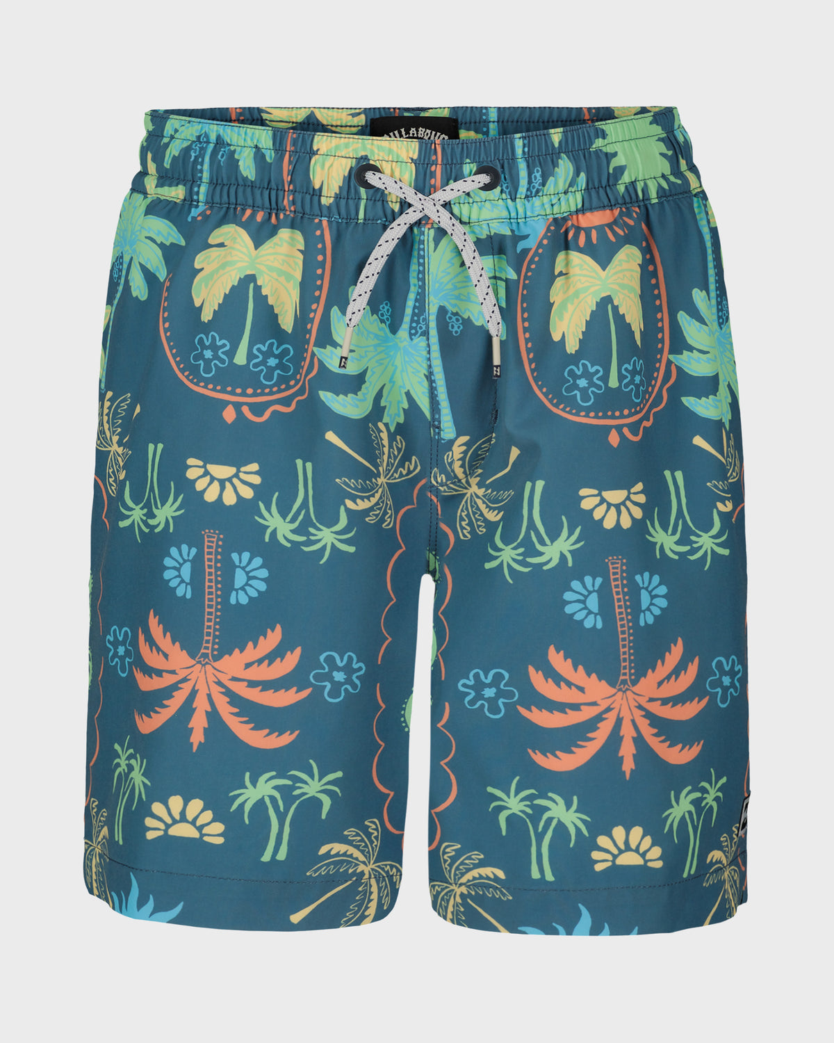 Boys' swim trunks with tropical botanical print in teal, green, orange and yellow with drawstring waist.