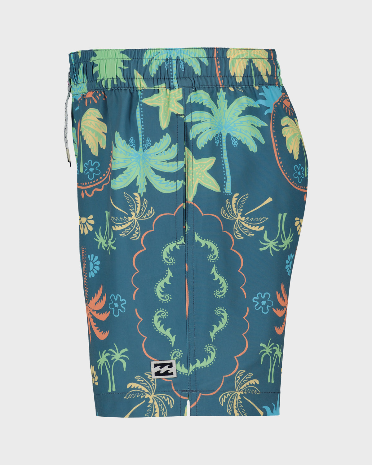 Boys' swim trunks with tropical botanical print in teal, green, yellow, and orange featuring palm trees and decorative floral