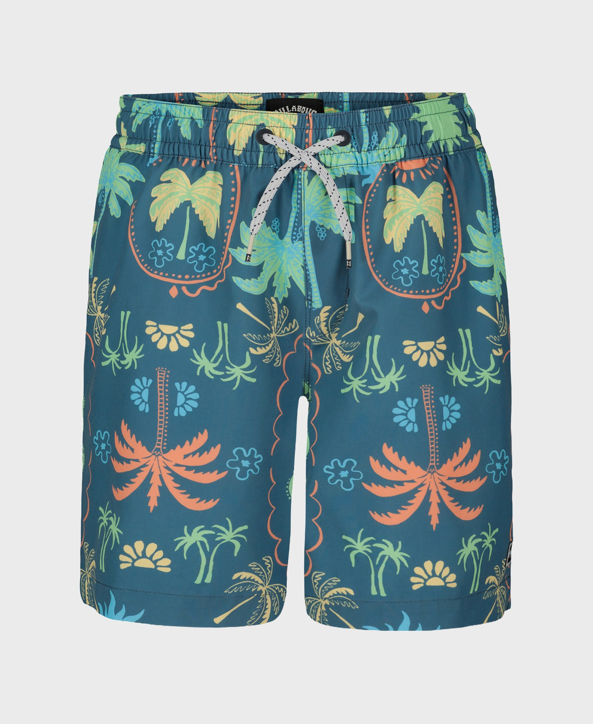 Boys' swim trunks with tropical print featuring palm trees, flowers, and decorative patterns in green, yellow, orange, and bl
