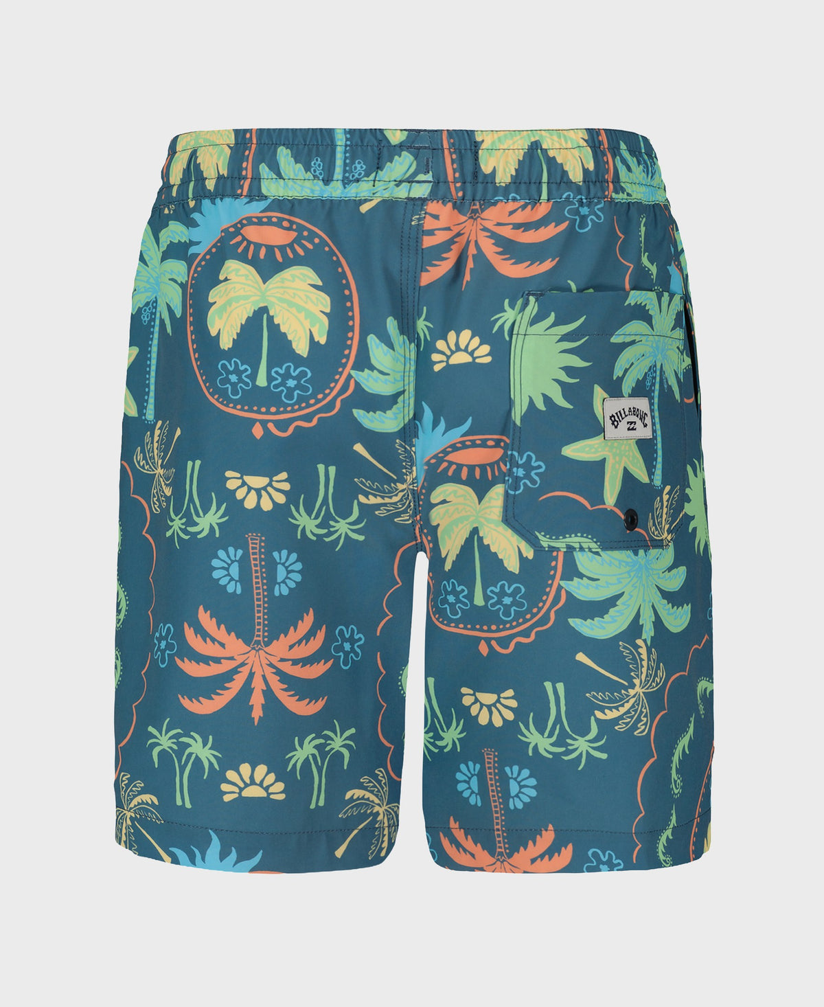 Boys' swim trunks with tropical print featuring palm trees, flowers, and circular eye motifs in yellow, green, and orange on 