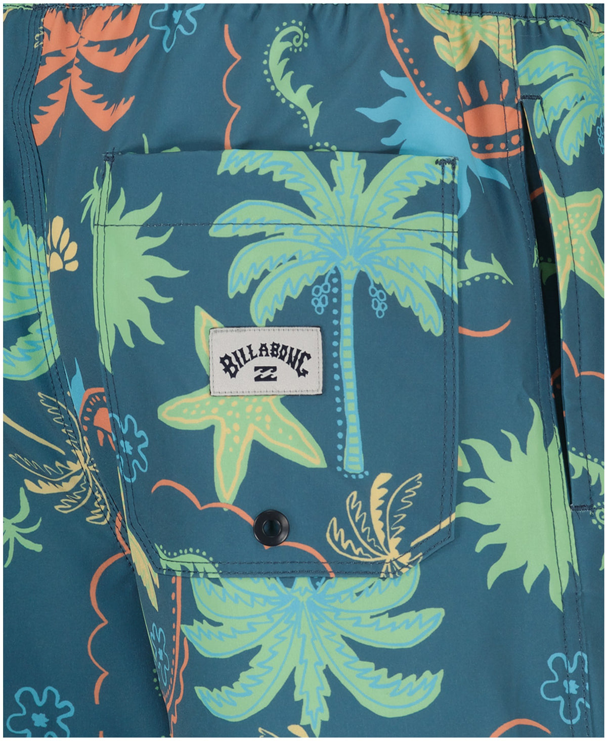 Boys' swim trunks with blue base and tropical floral print in orange, yellow, and green with front pocket and Billabong brand
