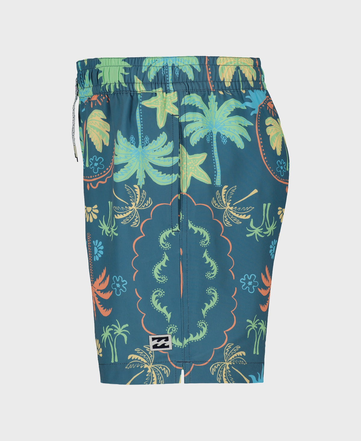 Boys' swim trunks with tropical print featuring palm trees, flowers, and decorative patterns in teal, green, yellow, and oran