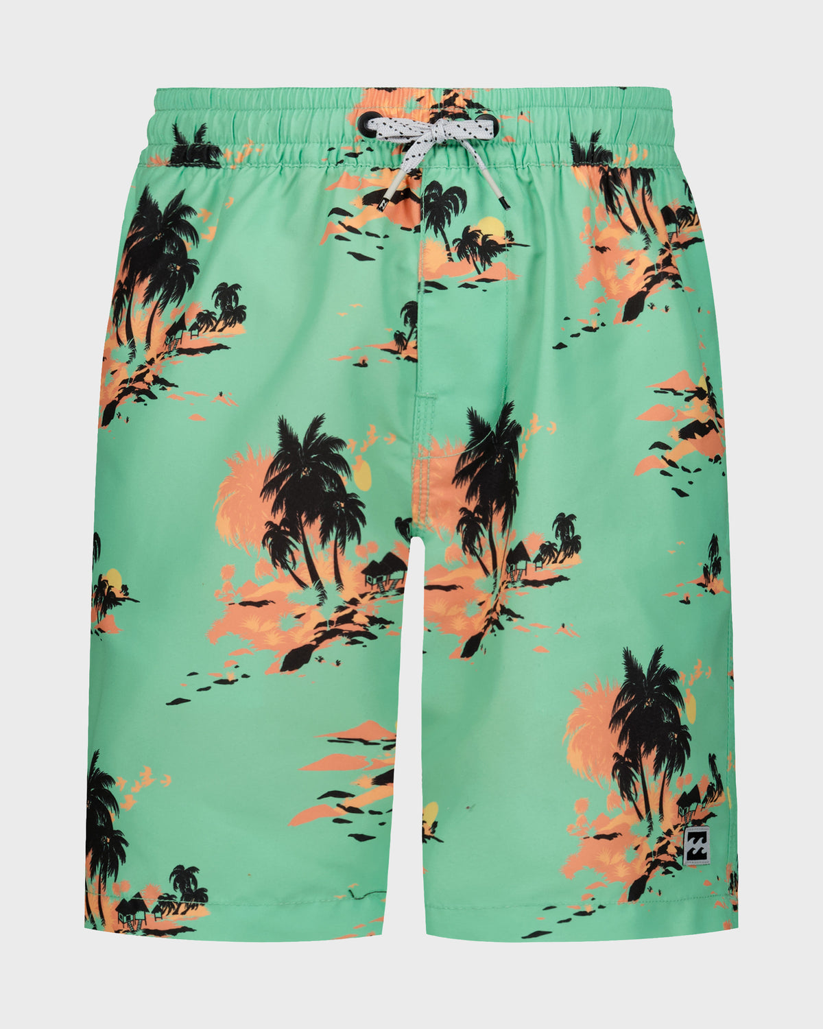 Mint green swim trunks with orange and black palm tree and sunset print, drawstring waist, and side pockets.
