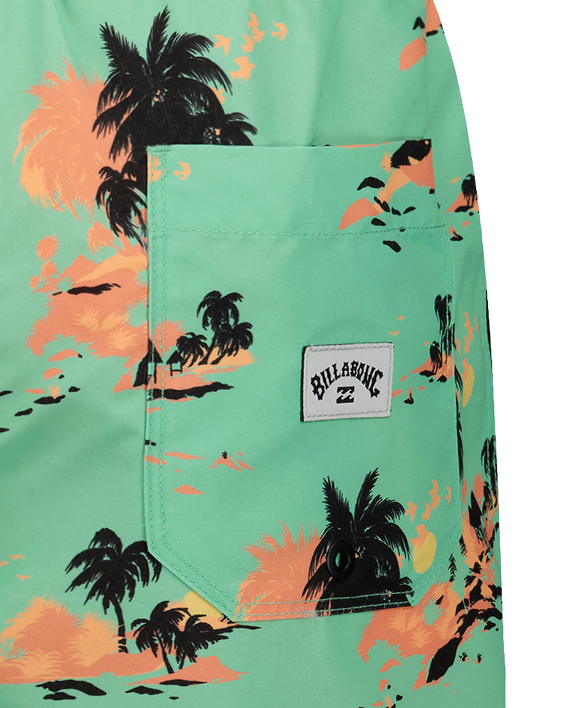 Mint green swim trunks with black palm trees and coral sunset design, featuring front pocket with Billabong logo patch.