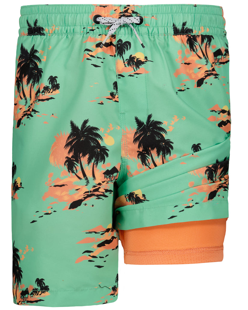 Mint green swim trunks with black palm trees and orange sunset patterns, orange drawstring, and orange compression shorts und