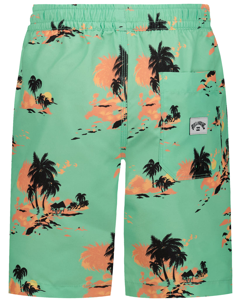 Mint green swim trunks with black palm trees and orange sunset print, back view with drawstring and pocket.