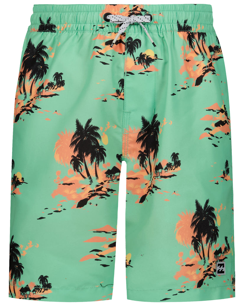 Boys swim trunks in mint green with black palm tree and orange sunset print, drawstring waist.