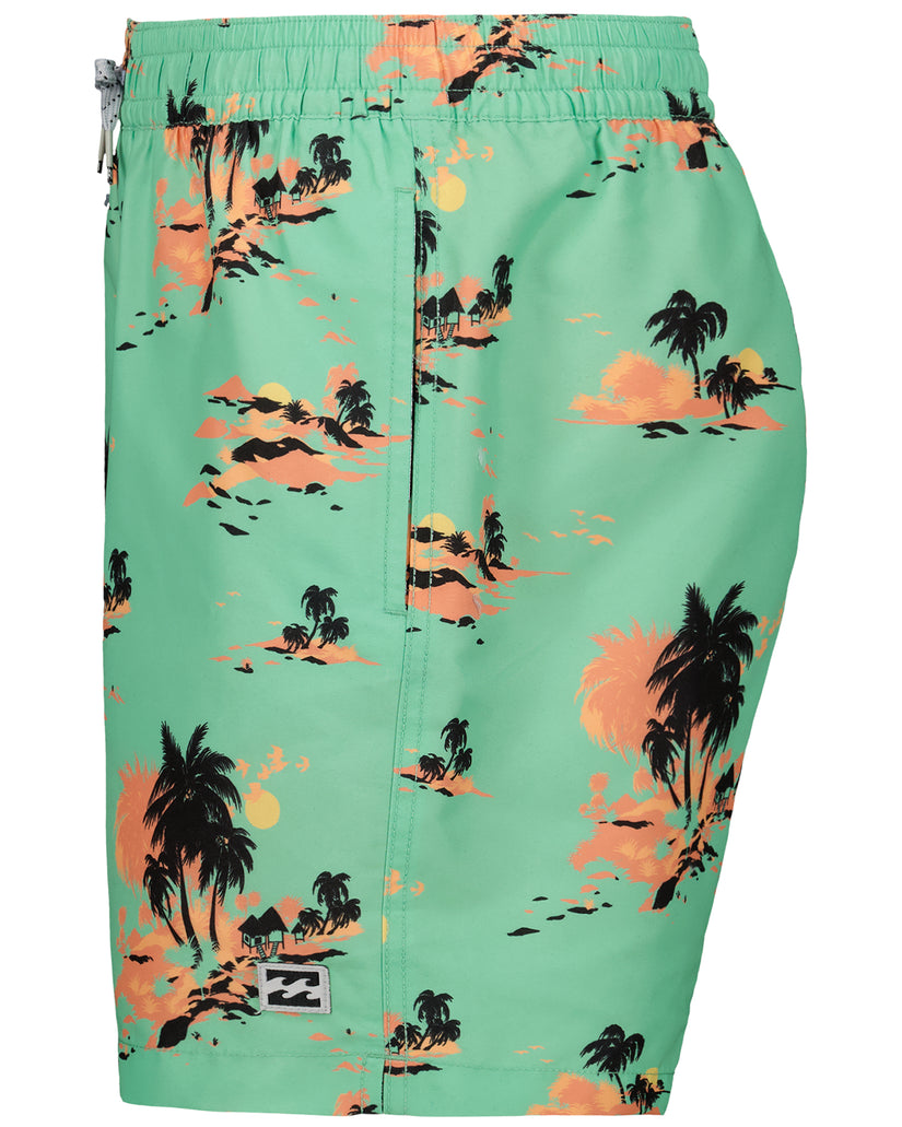 Mint green swim trunks with orange and black palm tree and sunset print throughout.