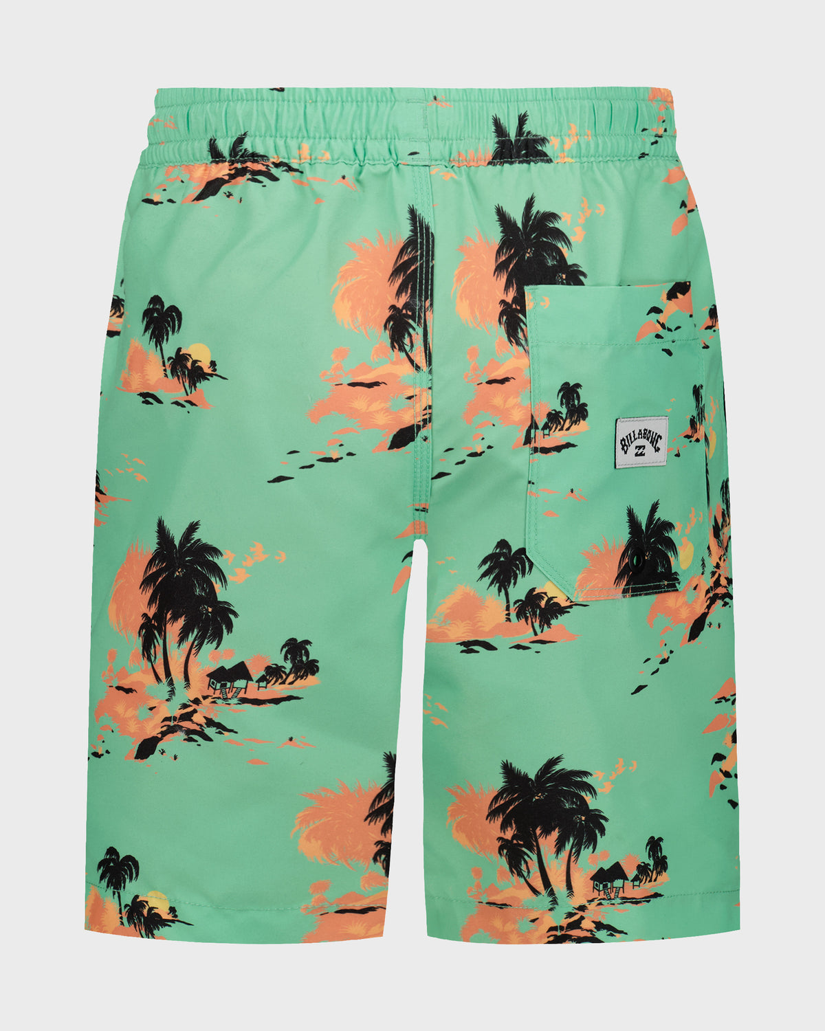 Mint green swim trunks with orange and black tropical island and palm tree print, elastic waistband, and side pocket.