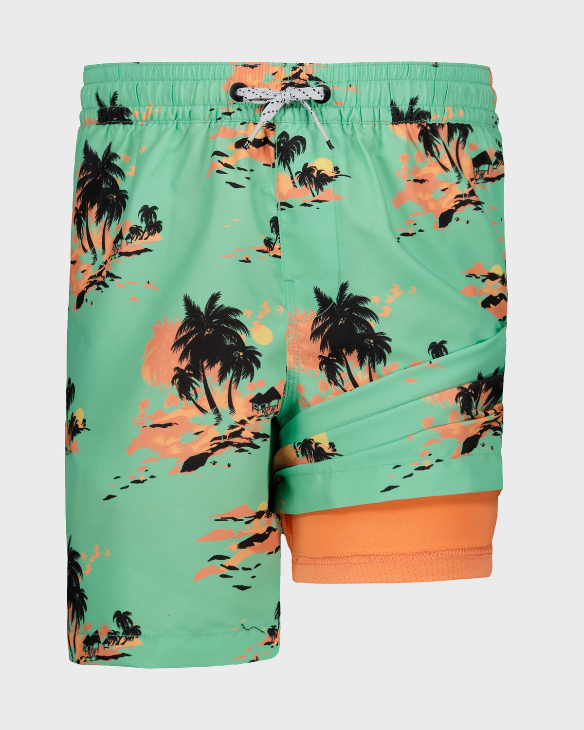 Boys' swim trunks in mint green with palm tree and sunset print, orange inner shorts, and drawstring waist.