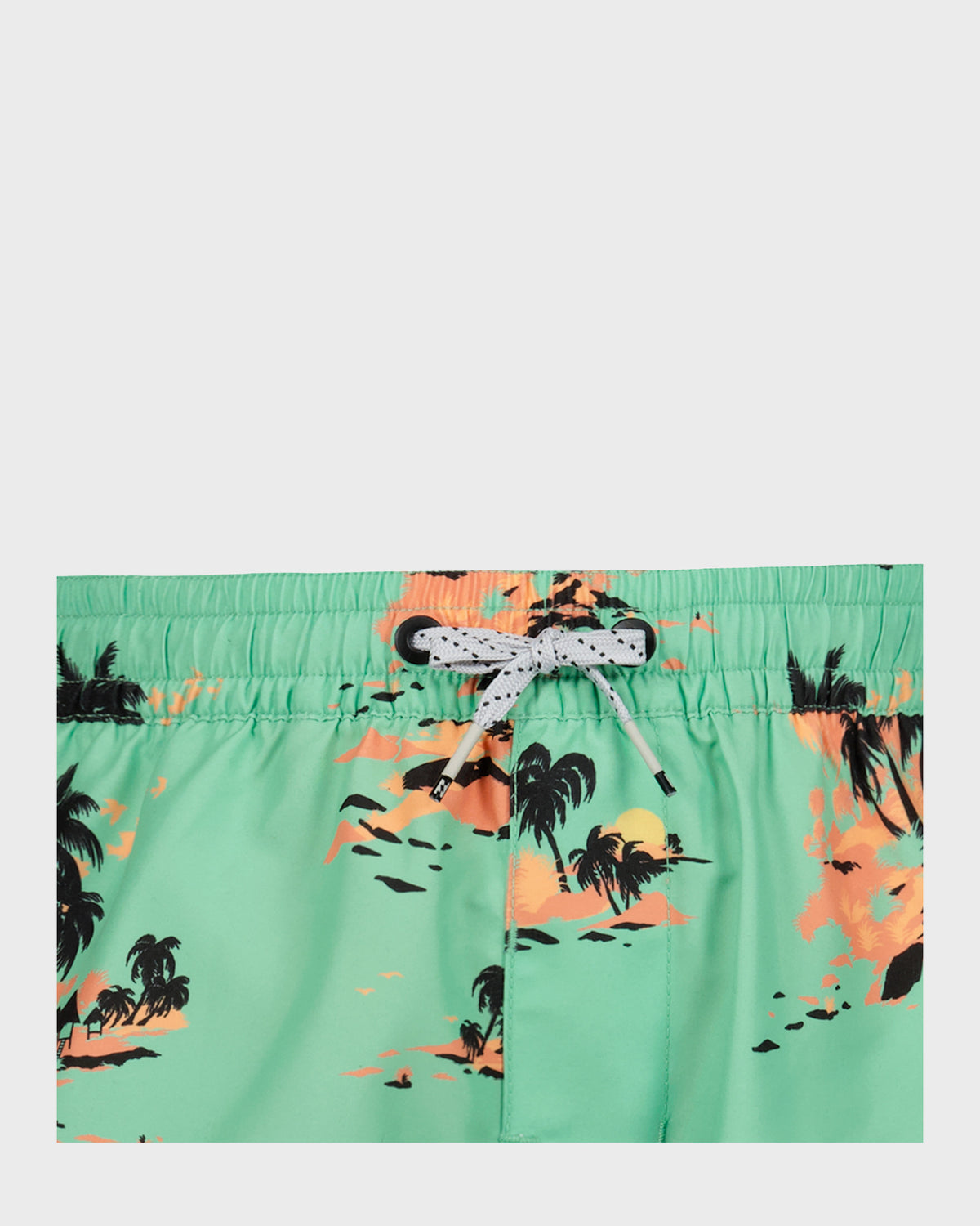 Boys' swim trunks in mint green with black palm trees and orange sunset pattern, white drawstring closure.
