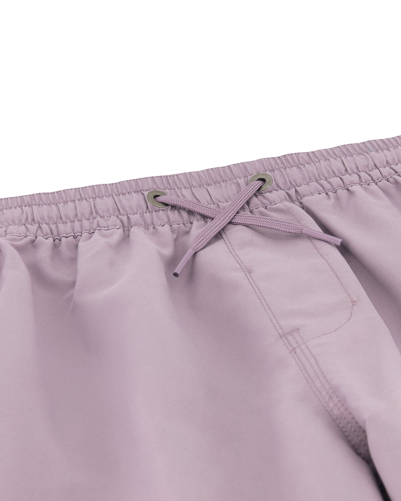 Lavender swim trunks with drawstring waistband and front pocket detail.