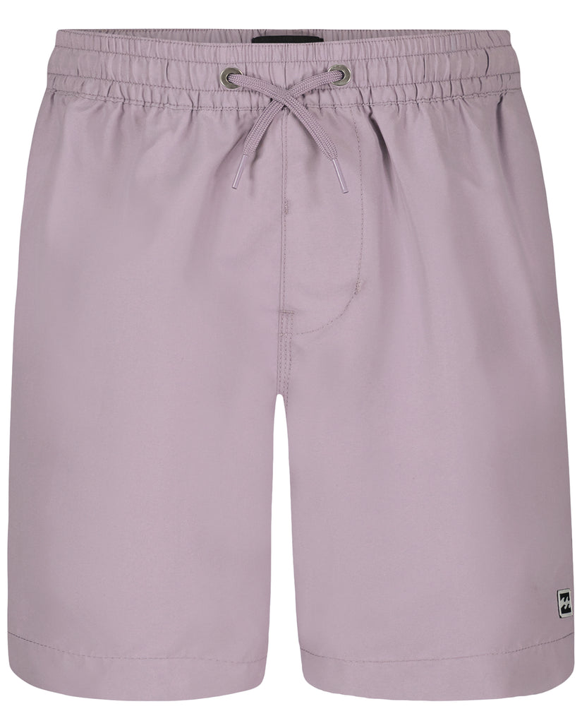 Lavender swim trunks with drawstring waist, elastic waistband, and side seam pockets.