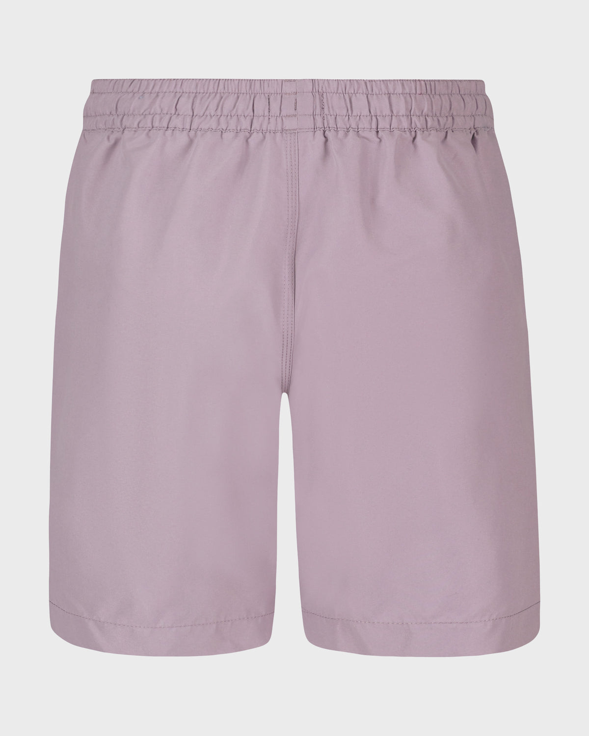 Mauve swim trunks with elastic waistband and center front seam.
